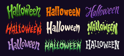 Cartoon halloween text in various designs. Vector spooky fire and green slime lettering set