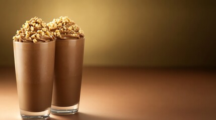 A creamy chocolate peanut butter smoothie, topped with crushed peanuts, in a health-focused setting with space for text