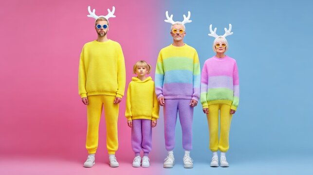 Diverse family in vibrant clothes and deer antlers posing joyfully against pink and blue studio backdrop.