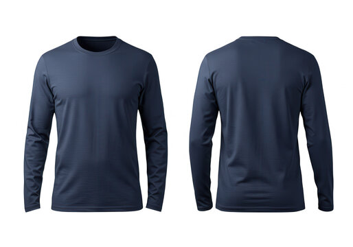 A navy blue longsleeve shirt is displayed from the front and back on a transparent background