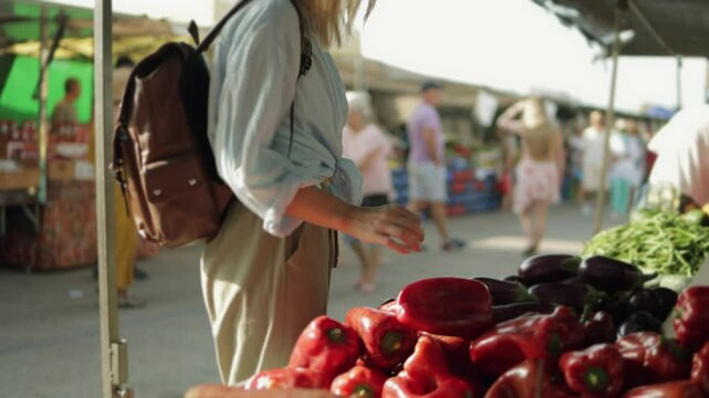 Blonde traveler wearing backpack and sun hat selecting fresh produce at local farmers market, carefully examining purple aubergine while browsing vegetable stall during sunny day
