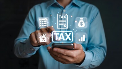 Man using a smartphone for taxes, highlighting online filing and digital finance solutions with icons representing calendar, document, income, and expenses for easy tax management.