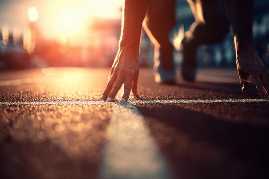 An athlete preparing at the starting line, lifting their feet in the air while walking on a sidewalk.