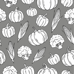 Seamless pattern with black outline vegetable icons. Background with hand drawn drawings of carrot, cabbage, broccoli, corn, pumpkin. Sketch food illustration. Doodle silhouettes of harvest elements