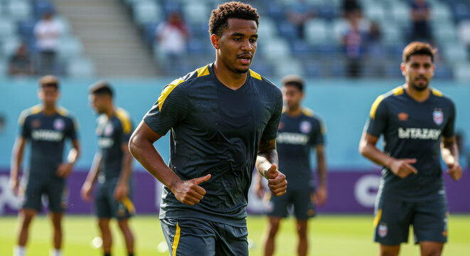 A soccer player runs during a training session, embodying athleticism and focus. - Powered by Adobe