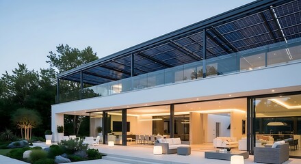 Fototapeta premium A modern luxury home is equipped with solar panels, showcasing sustainable and innovative energy solutions