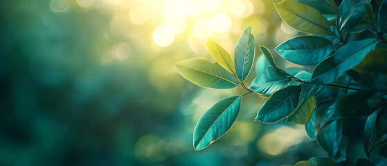 Green leaves on a branch with soft light and bokeh in the background. In articles about nature, ecology and healthy lifestyle.