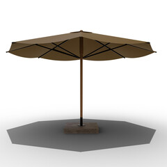 Tan, octagonal patio umbrella with a wooden pole and square base. detailed rendering highlighting...