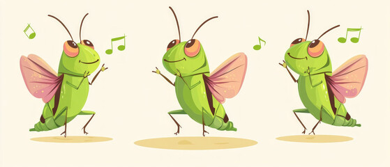 Three cheerful green grasshoppers with pink wings sing and dance to musical notes. Background for children's books, cartoons and educational materials.