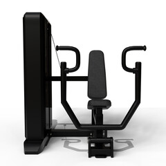 freestanding, weight training machine with a padded seat and adjustable armrests designed for chest presses, featuring a tall, slender upright support column and a sturdy, angular base