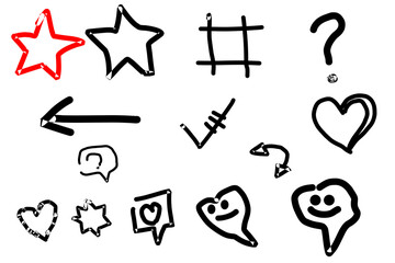 icons set with arrows, hearts, stars, speech bubbles, and question marks. Doodle style symbols for design overlays, posters, scrapbooks, and social media stickers