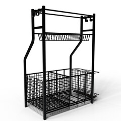 A black metal two-tiered rack with a top shelf and lower wire basket storage.  Designed for vertical storage, it features a sturdy frame and appears ideal for organized 