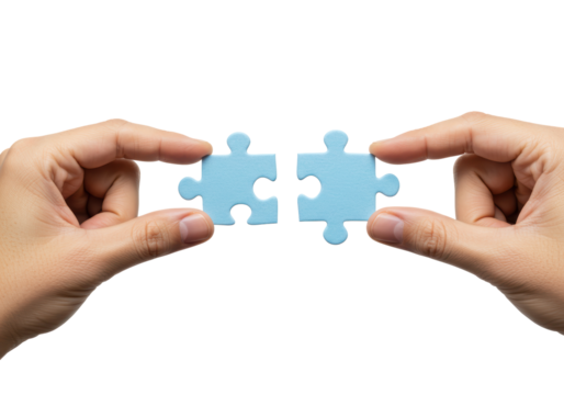 Isolated Hands Holding Two Blue Puzzle Pieces Ready to Connect