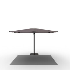 square-shaped cantilever patio umbrella with a slender, dark pole and a square base stands isolated. The umbrella's fabric appears taut and smooth