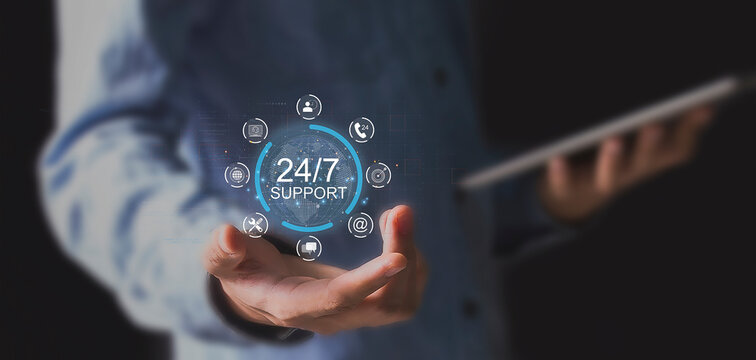 Continuous customer service concept Continuous service without stopping throughout the day or week, 24 hours a day, 7 days a week.	