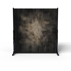 grey backdrop on a collapsible stand features a mottled, textured surface with lighter grey and beige brushstrokes creating a central, slightly brighter area.  The overall effect 