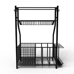 A dark metal frame structure, possibly a cage or industrial shelving unit, features two levels with mesh sides and a small, enclosed lower section.  The top level has a flat surface. 