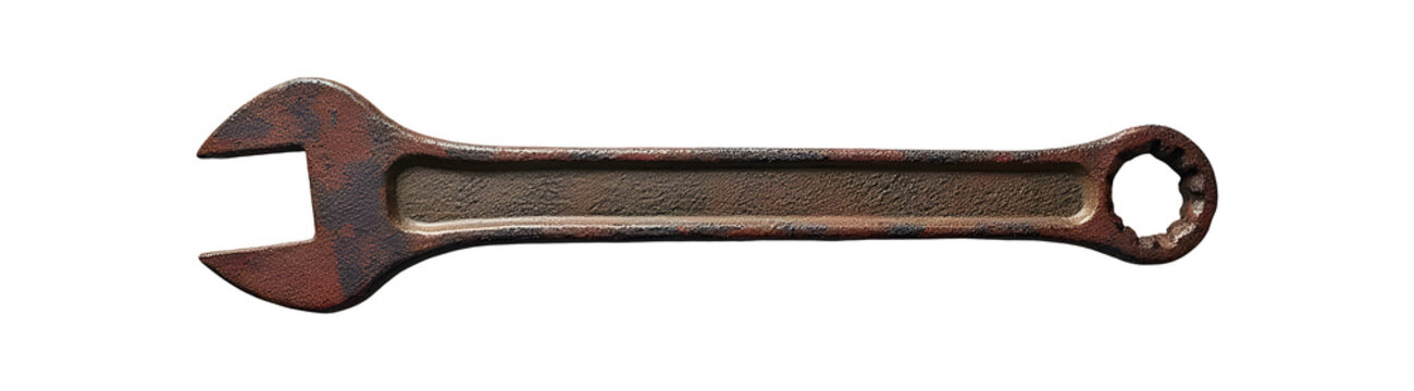 Rusty metal wrench, aged hand tool, forgotten, showing neglect and wear