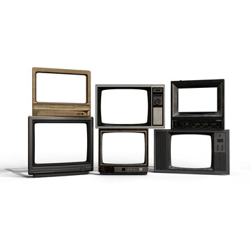 A digital collage showcases six vintage CRT monitors and televisions. devoid of images, emphasizing the antiquated technology's aesthetic. color fringing are visible, adding to the retro feel
