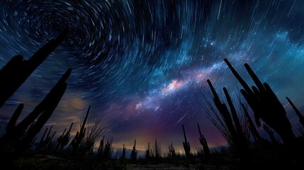 Captivating star trails over cactus desert night sky photography mystical atmosphere celestial wonders