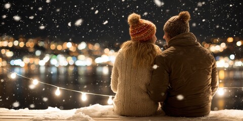 Two people sitting on a ledge overlooking vibrant city lights at night, capturing urban evening calm.