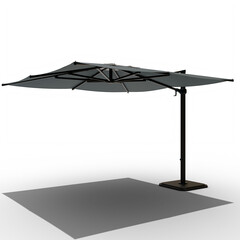 dark gray outdoor patio umbrella with a central pole and a rectangular, weighted base.  The canopy is segmented into panels, offering ample shade.  Its design suggests durability and modern aesthetics