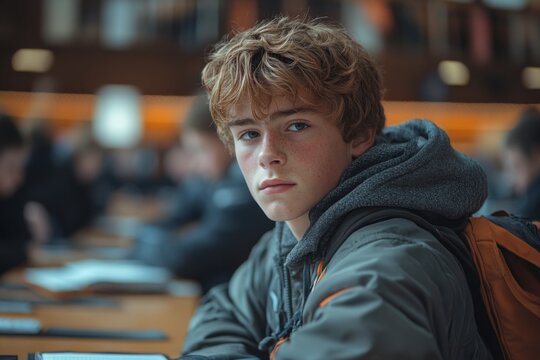 Schoolboy In Classroom With Backpack