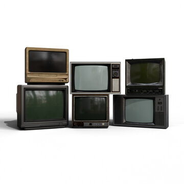 A digital rendering showcasing a stack of vintage televisions, varying in size, shape, and color, displaying dark, reflective screens, suggesting a nostalgic or obsolete technology theme
