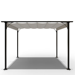 square gazebo with a light beige, paneled fabric canopy supported by a sleek, dark gray metal frame resting on four sturdy, square-based posts.  The gazebo offers shade and a defined outdoor space