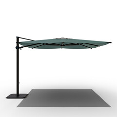 cantilevered patio umbrella with a teal fabric canopy, supported by a slender, dark grey metal pole and square base.  It's designed for outdoor shade