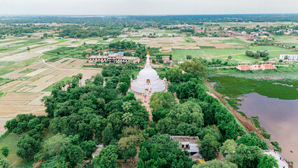 Historic monuments of Vaishali including the Buddha Relic Stupa, and Vishwa Shanti Stupas. Bihar...