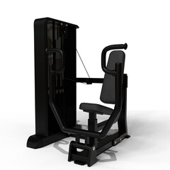 seated chest press machine with padded seat and backrest, featuring a vertical frame and adjustable handles for targeted upper body strength training.  The design is modern and minimalist