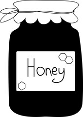 Jar honey composition. Vector graphic line illustration. Silhouette sign for logo, print, comics, boards, design, stickers, decoration, posters Coloring Sheet for Stress Relief and Relaxation