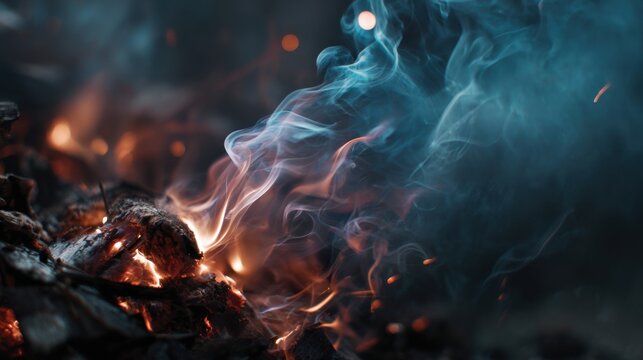 Smoky flames dancing among charred remains forest clearing nature photography nighttime close-up fire concept