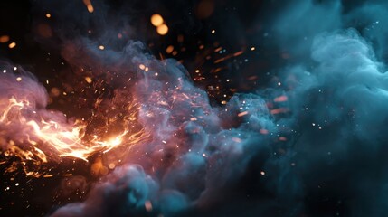 Explosive fire and smoke display digital art creation abstract environment high-contrast viewpoint fiery concept