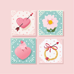 Set of pastel colored coquette style posters with flower, heart pillow, bow and arrow. Cute vintage accessories on pink background. Romantic girly prints. Vector illustrations