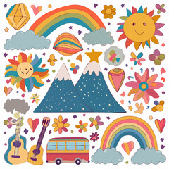 Vector set of 60s and 70s hippie clipart illustrations. Hand drawn groovy doodles in seventies style. Cartoon funky stickers. Psychedelic mountains, rainbow, flower, star, guitar, van, sun, mushrooms