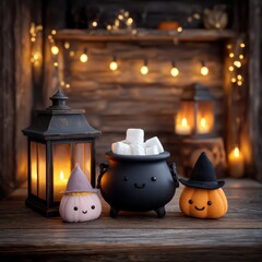 Cozy Halloween Scene with Cute Plush Characters, Lanterns, and a Cauldron Filled with Marshmallows