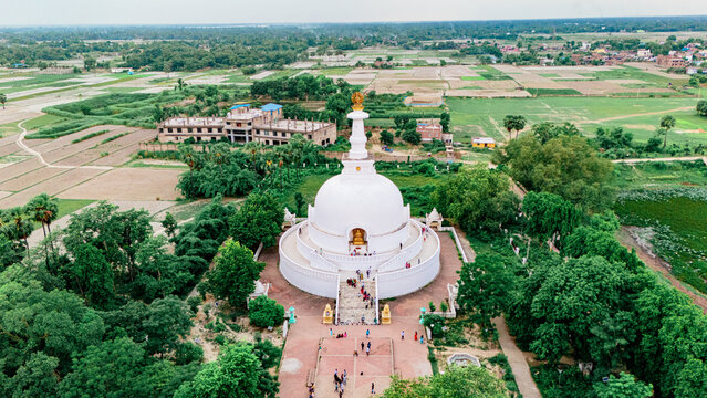 Historic monuments of Vaishali including the Buddha Relic Stupa, and Vishwa Shanti Stupas. Bihar tourism site and Historic Monuments of Vaishali, Muzaffarpur, Bihar, India.