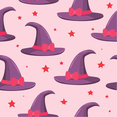 Seamless vector pattern with hand drawn witch hat with red bow. Pink magic cap background. Coquette halloween texture for wallpaper, wrapping paper, textile