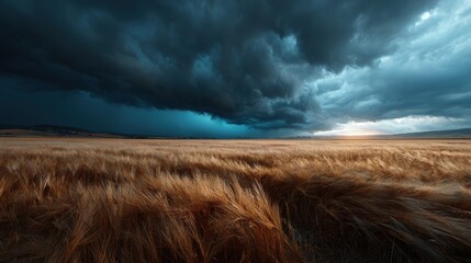 Storm clouds gathering over golden wheat field at sunset nature landscape photography dramatic sky wide angle view