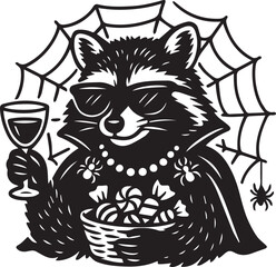 halloween raccoon vampire with candies and sunglasses