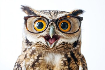 Fototapeta premium An Owl Wearing Glasses with a Delightful Expression, Showcasing Its Unique Features and Playful Personality in a Vibrant and Fun Setting isolated on white background