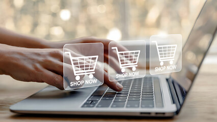 Fototapeta na wymiar Online shopping is displayed with a person using a laptop for e-commerce transactions, showcasing the convenience and accessibility of shopping carts at home with user interaction.