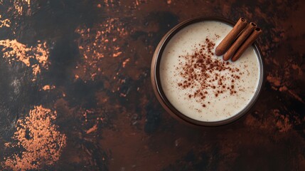 A creamy horchata with cinnamon sticks, with a Mexican-themed backdrop and space for text