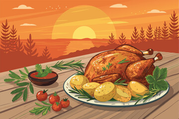 Vector diagonal view of a wooden table with roasted food.