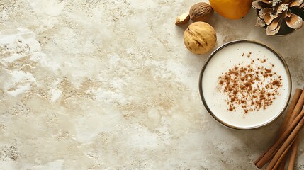 A creamy horchata with cinnamon sticks, with a Mexican-themed backdrop and space for text