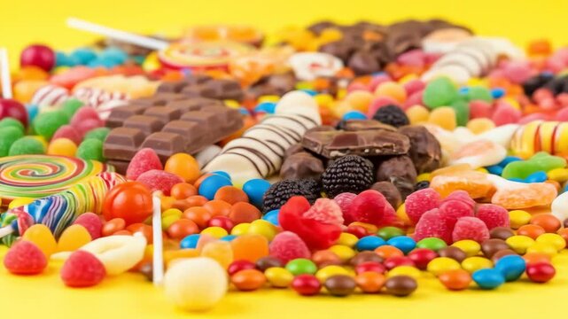 Pile of colorful candy, chocolate, lollipops, and sweets on a yellow background.  Delicious treats and assortment.