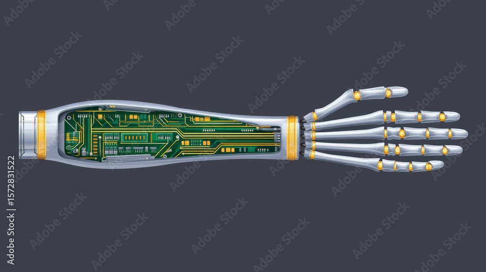 Poster futuristic robotic hand with circuit board design showcasing advanced technology and innovation in a