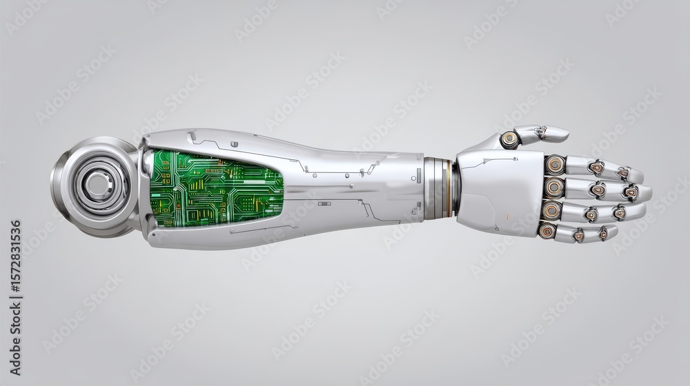 Poster futuristic robotic arm with circuitry design displaying advanced technology and innovation in roboti